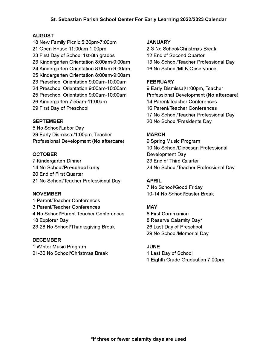 Preschool Calendar Saint Sebastian Parish